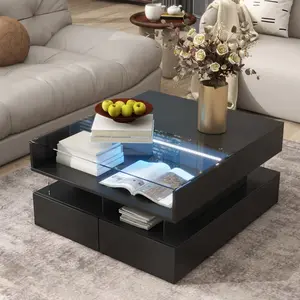 Lift-Top Coffee Table with 2 Drawers, Modern Square Coffee Table with Glass Top and High-Gloss Finish, Hidden Space and LED Lights for Living Room
