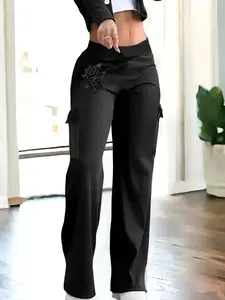 Women's black casual Everyday trousers, featuring flap pockets, elastic waistband, and a straight-leg fit, Fitted. Suitable for spring, summer, and autumn wear.  Workwear style, Pants, Womenswear