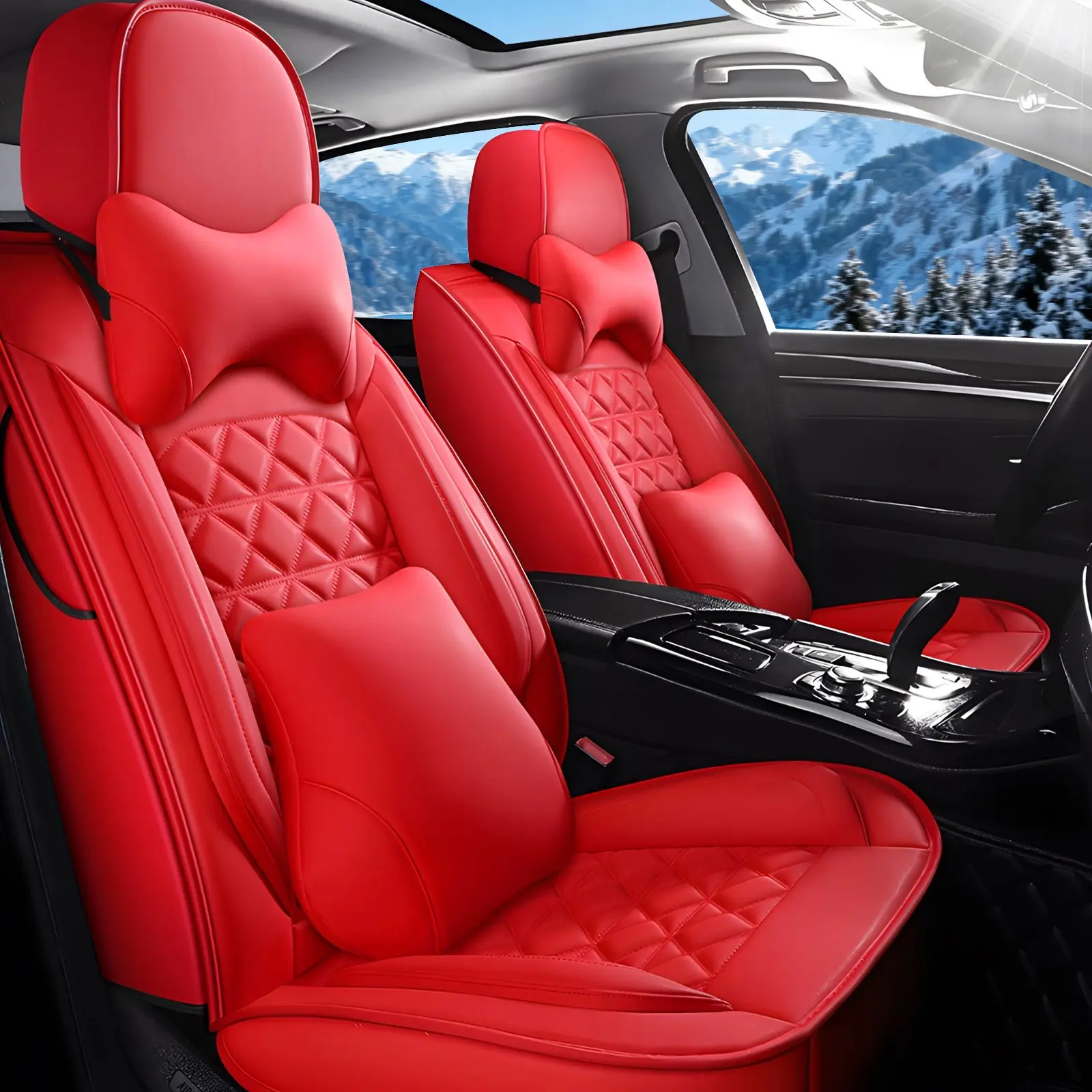 OTOEZ Premium Leather 5-Piece Full Coverage Car Seat Covers Set with Headrest, Lumbar Support, Waterproof Protection, Automotive Interior Cushion Accessories