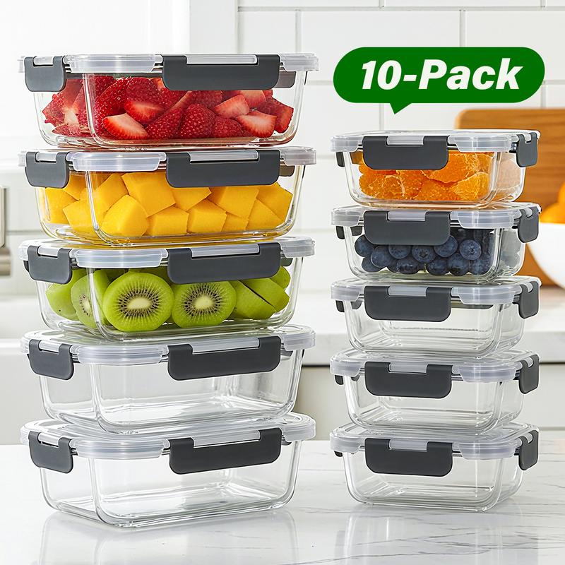 10-Pack Glass Food Storage Containers set with Lids, Airtight,Leak-proof,BPA-Free, Kitchenware Utensils Meal Prep, Microwave, Freezer, Dishwasher Safe veggie Rectangular Silicone