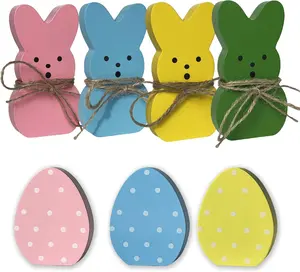 Easter Decorations 7PCS Wooden Bunny Eggs Spring Decor Signs for Home, Wooden Rabbit Freestanding Cute Table Centerpieces Tiered Tray Decoration for Office Tabletop Mantel Shelf Party Supplies