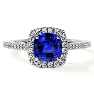 Classic Square Cushion Untreated Blue Sapphire Halo Ring with Pave Set Diamonds (1.46cttw)- RBS015-6X6-AAAAA