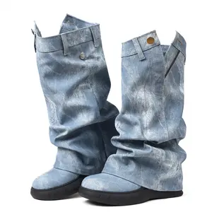 CELNEPHO Mid Calf Boots for Women Round Toe Fold Over Zipper Closure Bootie Zipped Side Wedge Heel Boot Fashion Party Biker Boots Spring Dress Shoes