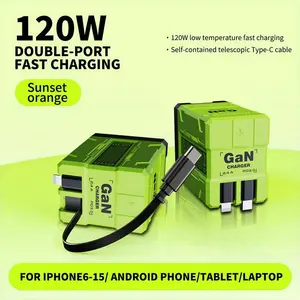 【MUNBYN 2 in 1 GaN Charger】120W Fast Charging Type C Lightning Retractable Wall Foldable Plug for iPhone Samsung Galaxy iPad MacBook Travel Friendly Compact Safe Tech Gift
