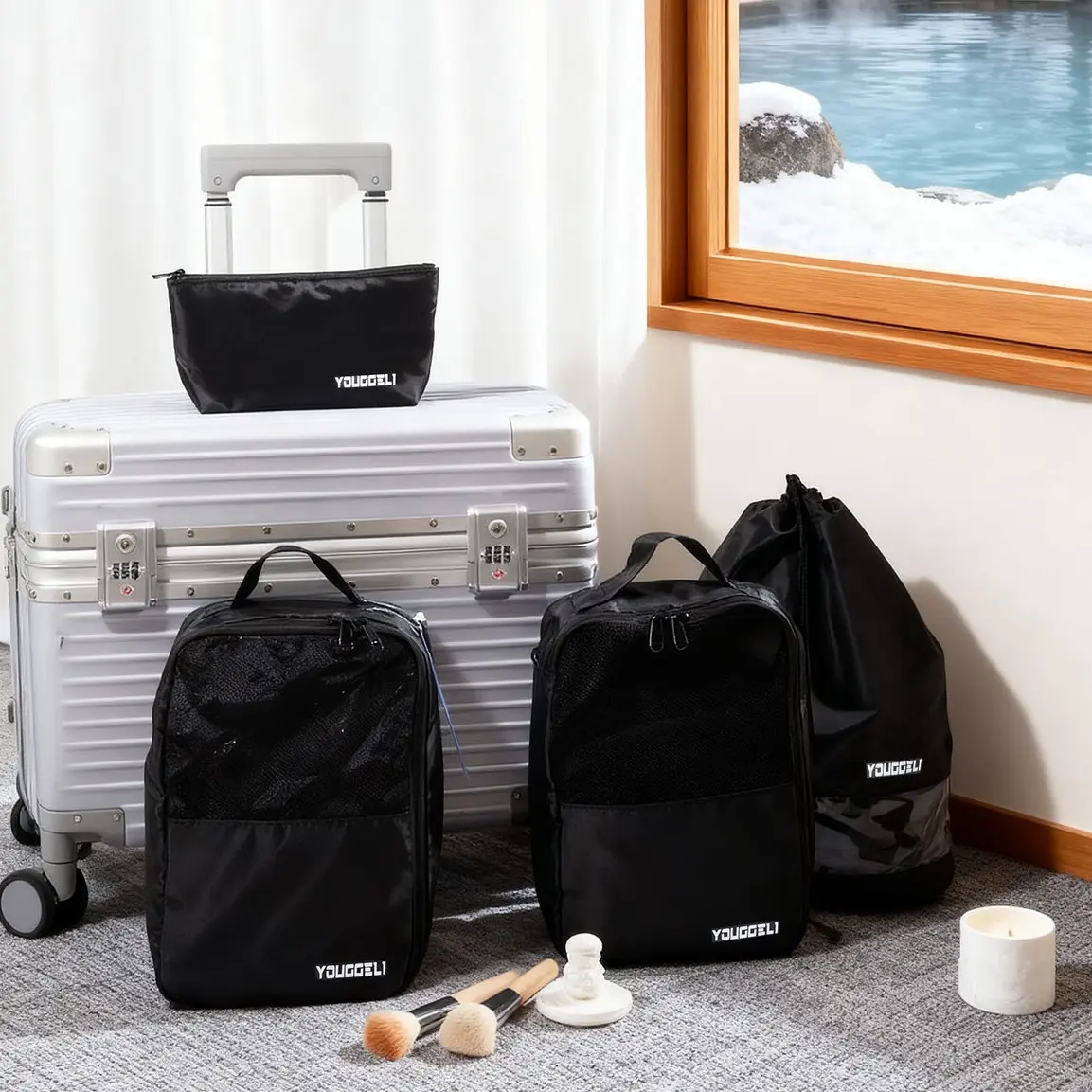 #outdoorfun YOUGGEL Compression Packing Cubes for Suitcases -4 Set With waterproof bag & expansion bag & x toiletry bag & shoe bag Travel Organizer FallFreshness Black Polyester Luggage Organizers for Efficient Packing