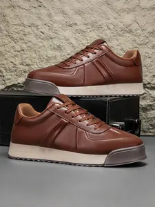 Men's Plus Size Caramel Retro Leather Casual Shoes, Retro Trendy Style, Leather Material, High Tolerance & Comfortable, Ideal for Plus Size Men's Daily Outfits & Leisure Outings