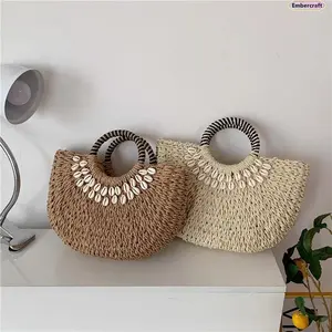 Retro Shell Straw Beach Bag for Women, Woven Summer Tote Bag, Lightweight Half Moon Vacation Handbag, Stylish Beach Bag for Travel, Resort, Holiday & Summer Outfit Style,summervibes