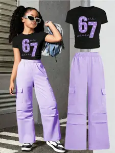 Girls Summer Letter Print Short Sleeve Workwear Pants Set, Fitted Round Neck T-Shirt, Comfortable Breathable Fabric, Ages 6-12, Casual Outfit Set