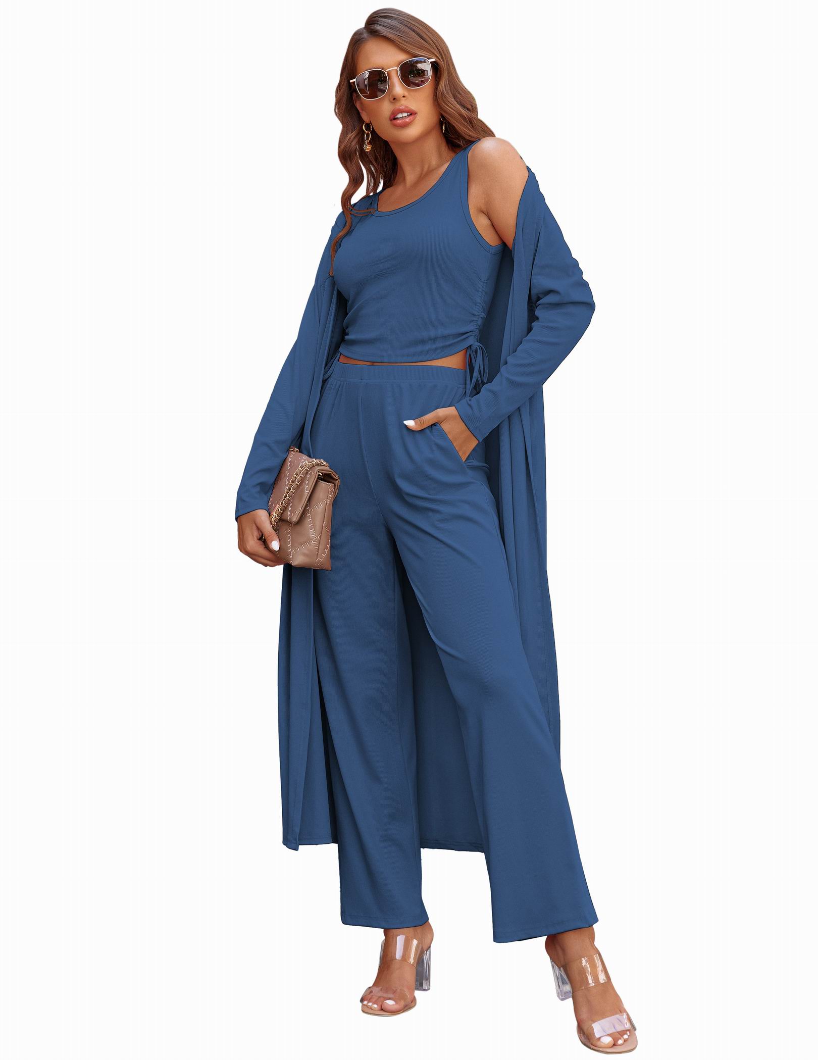 EKOUAER  Women's 3 Piece Knit Lounge Set Long Sleeve Cardigan Sleeveless Top Pants Sweatsuit S-XXL