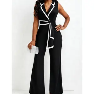 Women's Contrast Binding Belted Wrap Flare Leg Jumpsuit, Summer Clothes Women, Elegant Lapel Neck Jumpsuit for Summer, Ladies Clothes for Business Office