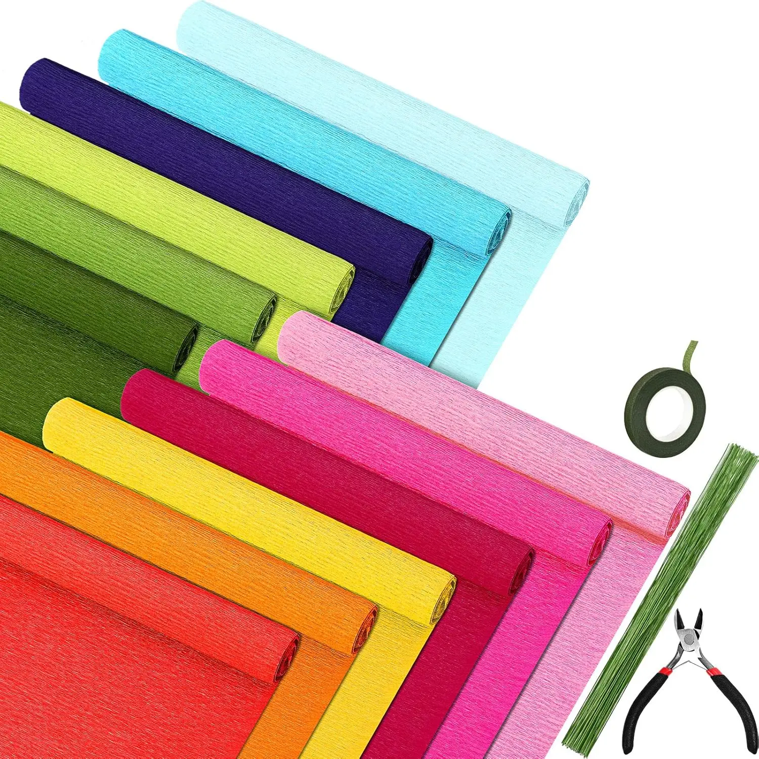 12 Rolls 8  Crepe Paper Sheets Rolls 10 Inch Crepe Paper Streamer 103 count Floral Arrangement Kit Green Floral Tape Floral Wire Stems Wire  for Wreath Flower Making(Rainbow Colors)