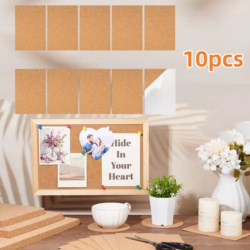 10-Piece Rectangular Natural Cork Artistic Decorative Tiles - Self-Adhesive A4 (11.81x8.26in) Durable Scratch-Resistant Wood-Finish Bulletin Boards for Indoor Office Wall Backsplash Accents, Easy Installation