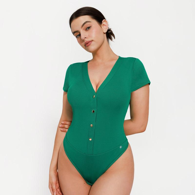 Popilush Shapewear Deep V-Neck Button Front Sculpting Bodysuit Adjustable Bra Elegant Elastic