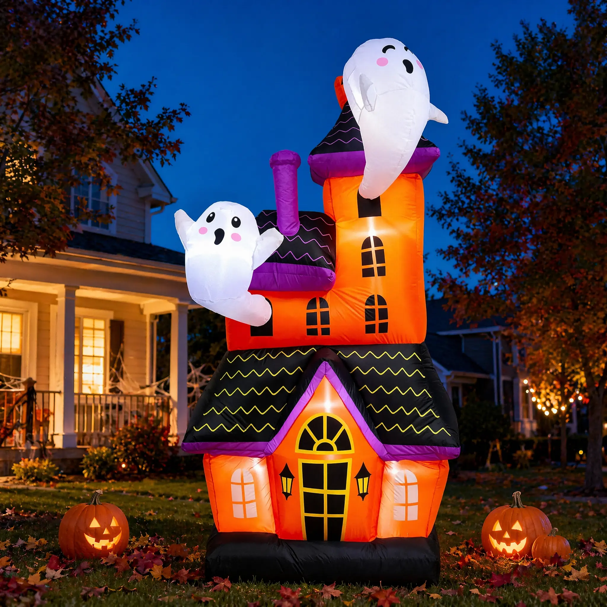 Large Inflatable Ghost House for Halloween, Blow‑up Ghost Castle with White Ghosts and Built‑in LED Lights, Waterproof Outdoor Yard Decoration, Ideal for Lawn, Garden and Holiday Party Decorations