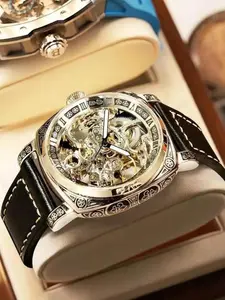 Florence Relief Classic Men's Watch, Leather Strap Watch, Mechanical Hollow-Out Design, Automatic Self-Winding, Luminous Band, Business Gift, Skeleton Watches, Analog Watches
