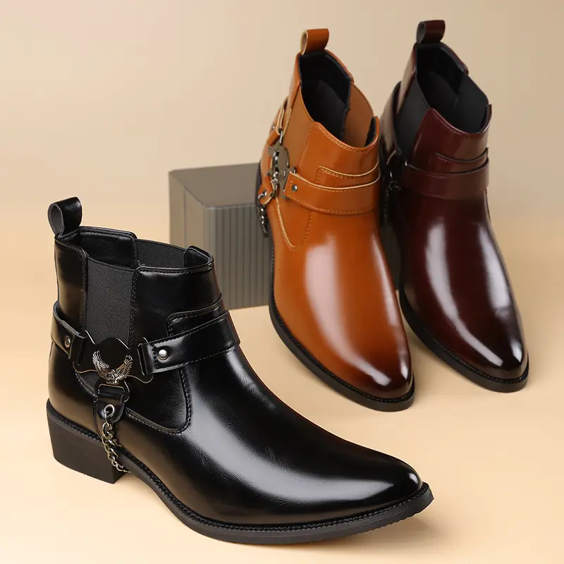 Men’s retro PU leather fashion boots, casual stylish and distinctive footwear.Glossy PU upper with a sleek, sophisticated look, paired with metal accents and chain detailing for a subtle retro punk style.Thick square heel, non-slip rubber sole; side elast