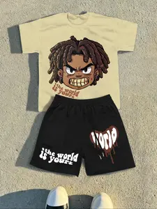 Men's Graphic Short Sleeve Tee & Shorts Two-piece Set, Casual Round Neck T-shirt & Shorts, Men's 2 Piece Set, Men's Summer Clothes