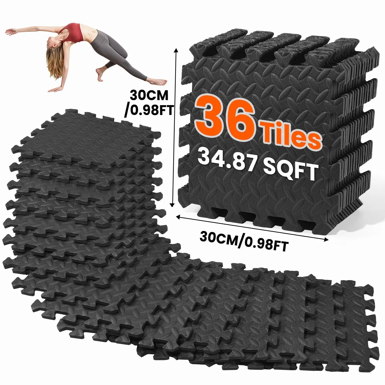 36/48pcs Interlocking Gym Floor Mats | 12"x12" Durable EVA Foam Tiles, Puzzle Exercise Mats for Home Gym, Fitness Equipment & Garage Use, Grey, Includes Peg Strips
