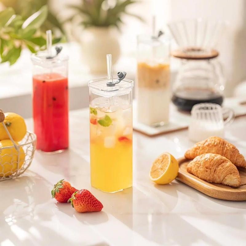 Nifogo Glass Cups with Lids & Straws, 8 Sets Square Ribbed Drinking Glasses with Lids, Clear Highball Tumblers for Cocktail, Coffee, Juice, Beer, Modern Mixed Drinkware Jars(13oz)