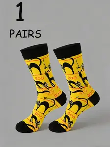 Halloween Theme Cat Print Knee High Socks, 1 Pair, Perfect for Halloween Costumes and Festive