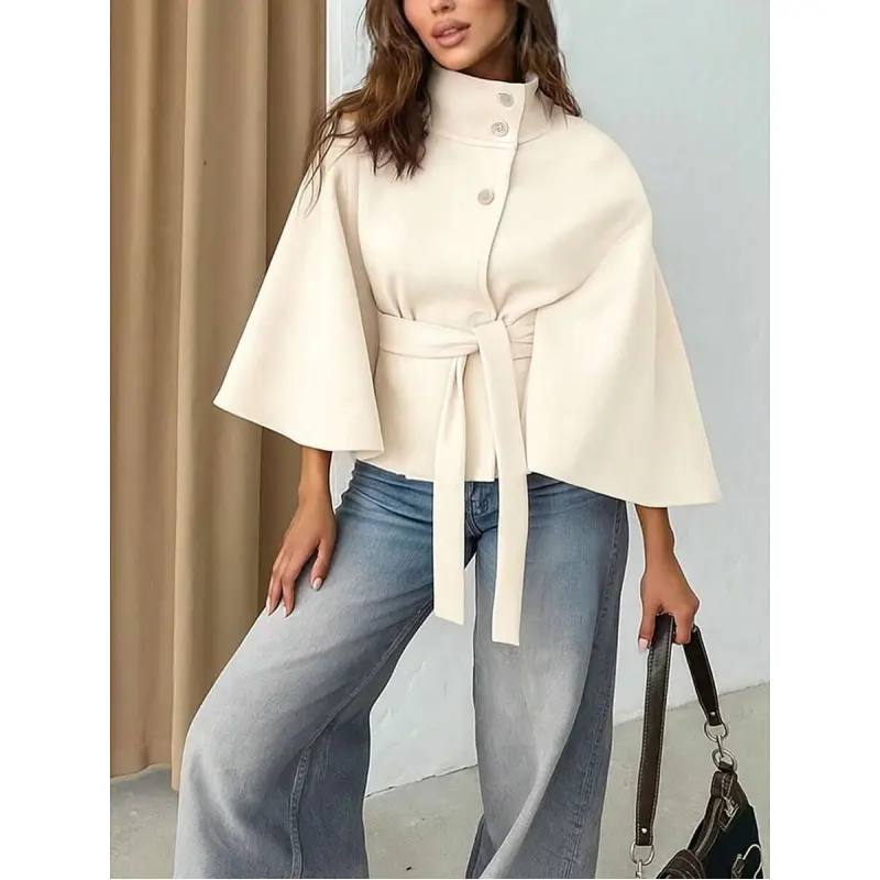 Women's Apricot Woolen Cloak with Stand Collar & Front Button Tie Waist Casual & Date Wear Autumn/Winter Overcoat Long Cloak Sleeve Three Quarter Length