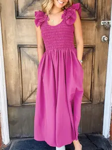 Rose Red Solid Color Ruffled Straps Smocked Ruched Maxi Dress, It Allows You To Dress Up Or Down For Various Occasions, From Casual Outings To Formal Events.