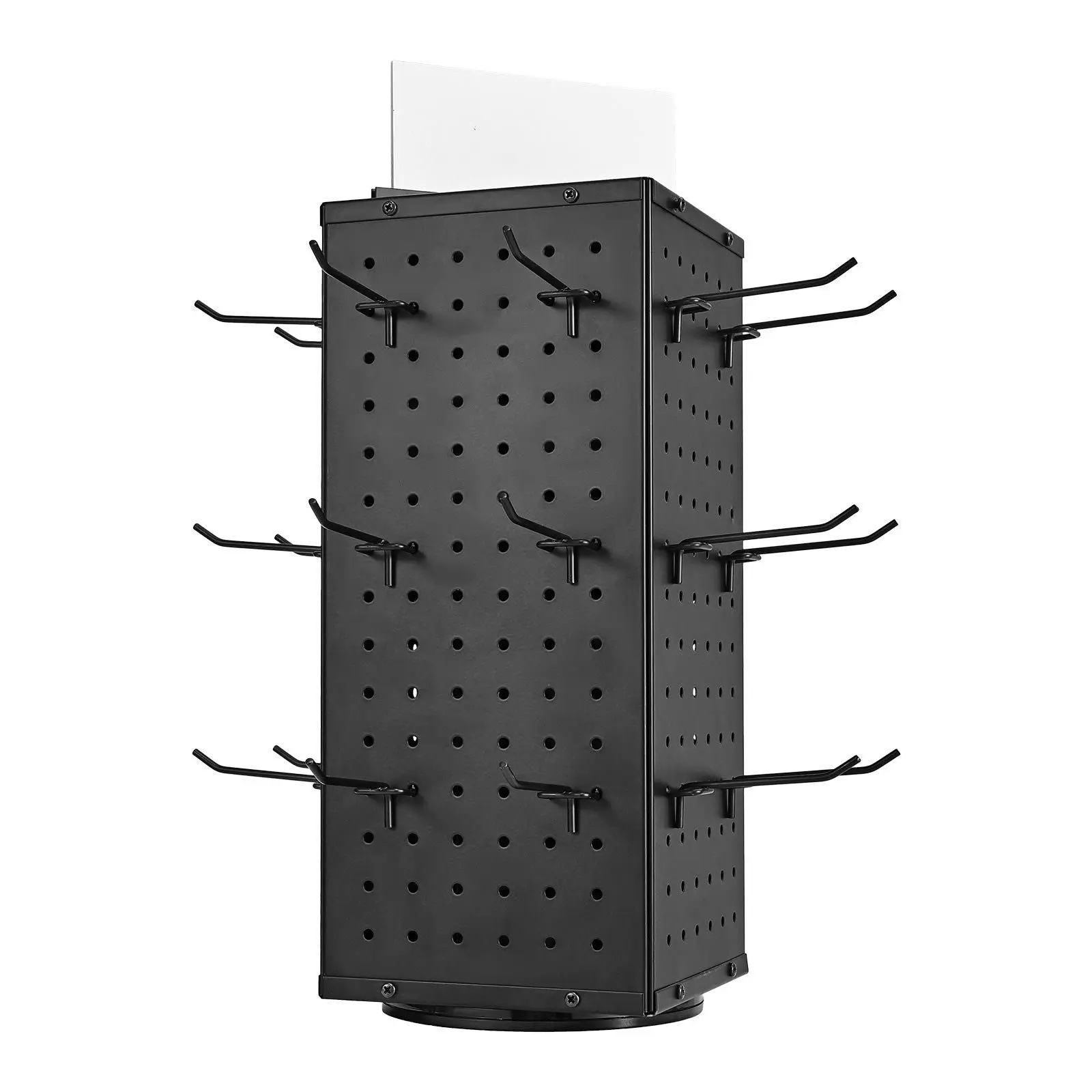 Rotating Pegboard Display 4-Sided Spinning Peg Board Display with 24 Hooks (Black)
