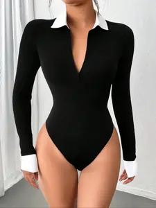 Women's Fall Winter Colorblock Patchwork Stand Collar Long Sleeve Fitted Top, Fashionable and Comfy Layering Piece, Outerwear Jumpsuit Womenswear