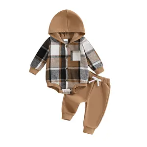 Baby Boy Clothes Flannel Plaid Outfits Long Sleeve Hoodie Romper Fall Winter 2 Pcs Clothes for Boy 0-6 6-12 12-18 18-24 Months Outfit Cute