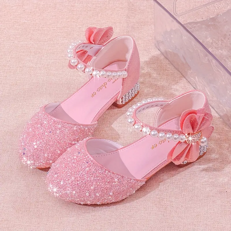 Glitter Princess Shoes Soft Pink Shiny Glitter Princess Shoes |                 Low-top Wedding Party Flats with Crystal Decoration for Girls - Adjustable Straps, Suitable for Casual and Formal Occasions, Flower Girl