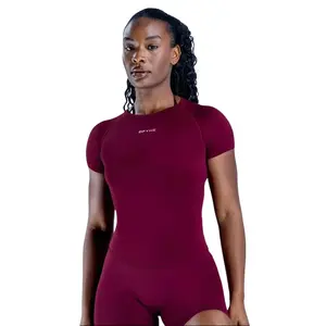 with logo | dfyne Women 2 Piece Seamless Gym Set Short Sleeve Athletic Top and High Waist Biker Shorts