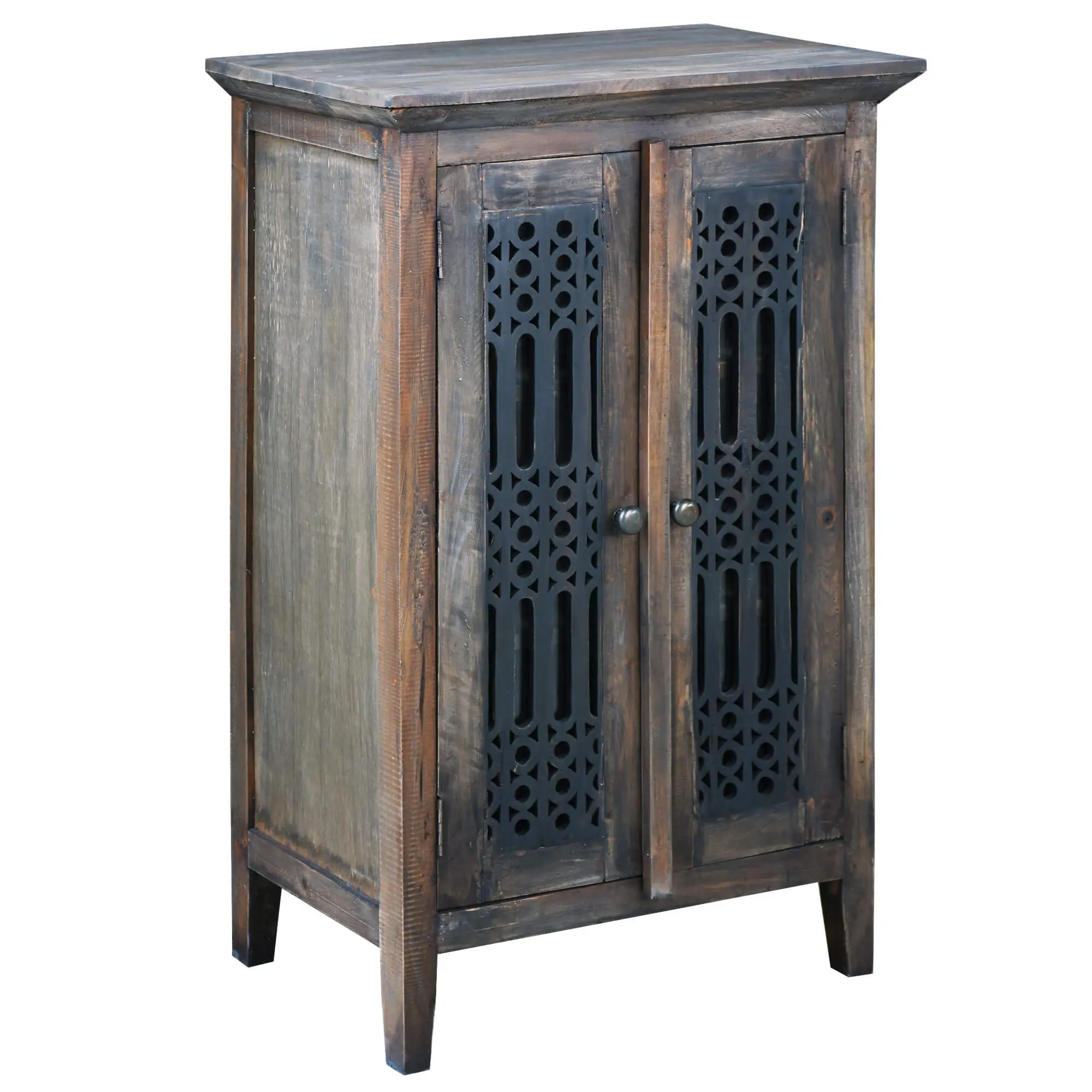 Sunset Trading Cottage Solid Wood Deco Carved Hall Cabinet | Distressed Black/Raftwood Brown Solid Wood | Fully Assembled Cupboard