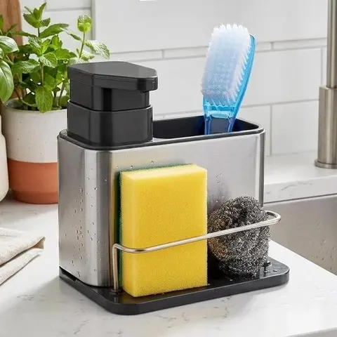 Black 3-in-1 Multifunctional Plastic Kitchen Soap Dispenser Organiser Set - Sturdy, Corrosion-Resistant, Rustproof, Leak-Proof Table-Mount Dual Soap Pump with Sponge Holder, Countertop Sink Accessory