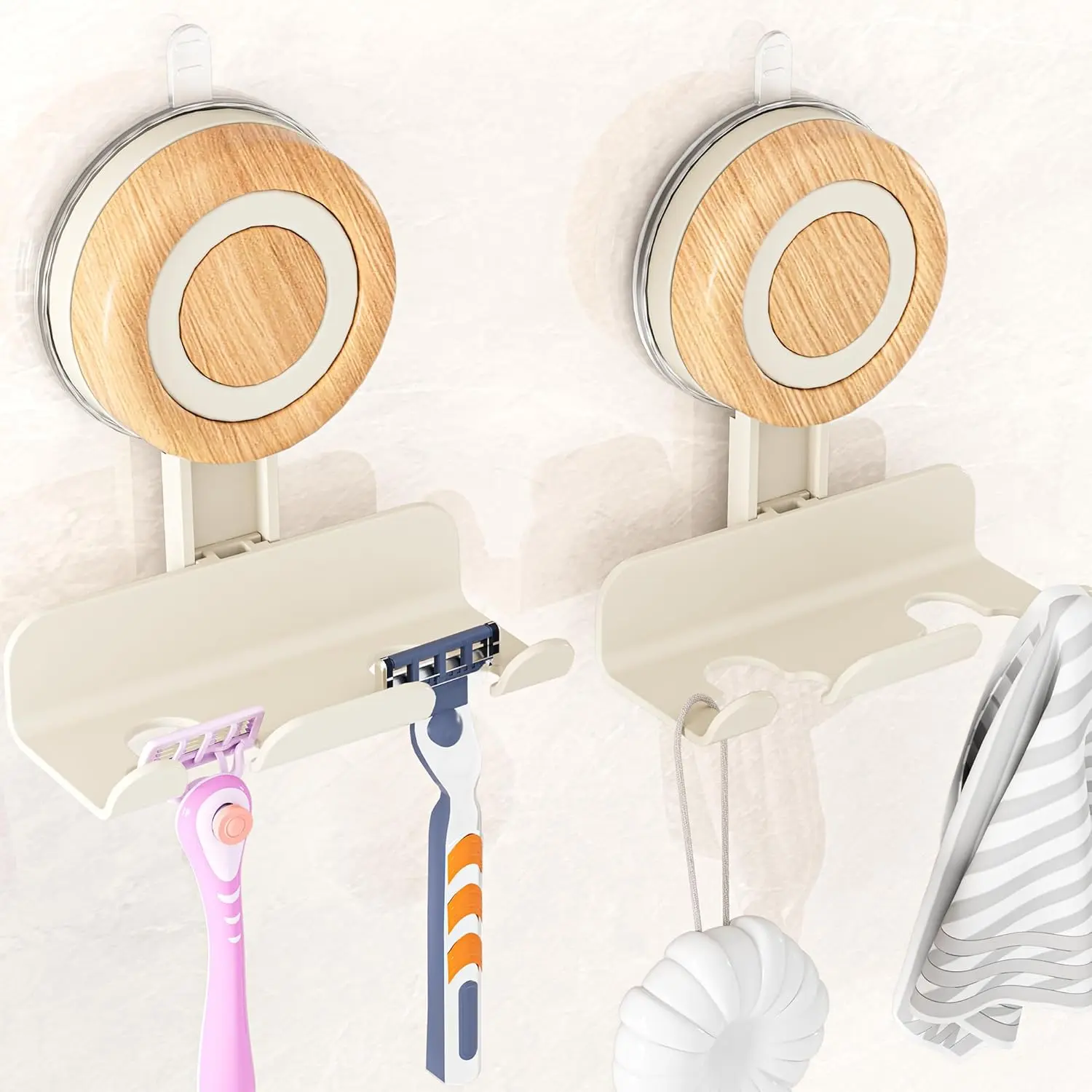 Razor Holder for Shower 2 Pack, Suction Cup Shaver Holder for Wall, Removable&Reusable Suction Cup Hooks for Bathroom, Damage-Free Suction Shower Hooks, Wall Mounted Razor Stand, Beige