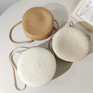 Round Women Woven Beach Crossbody Bag Rattan Handmade Knitted Small Straw Shoulder Bag