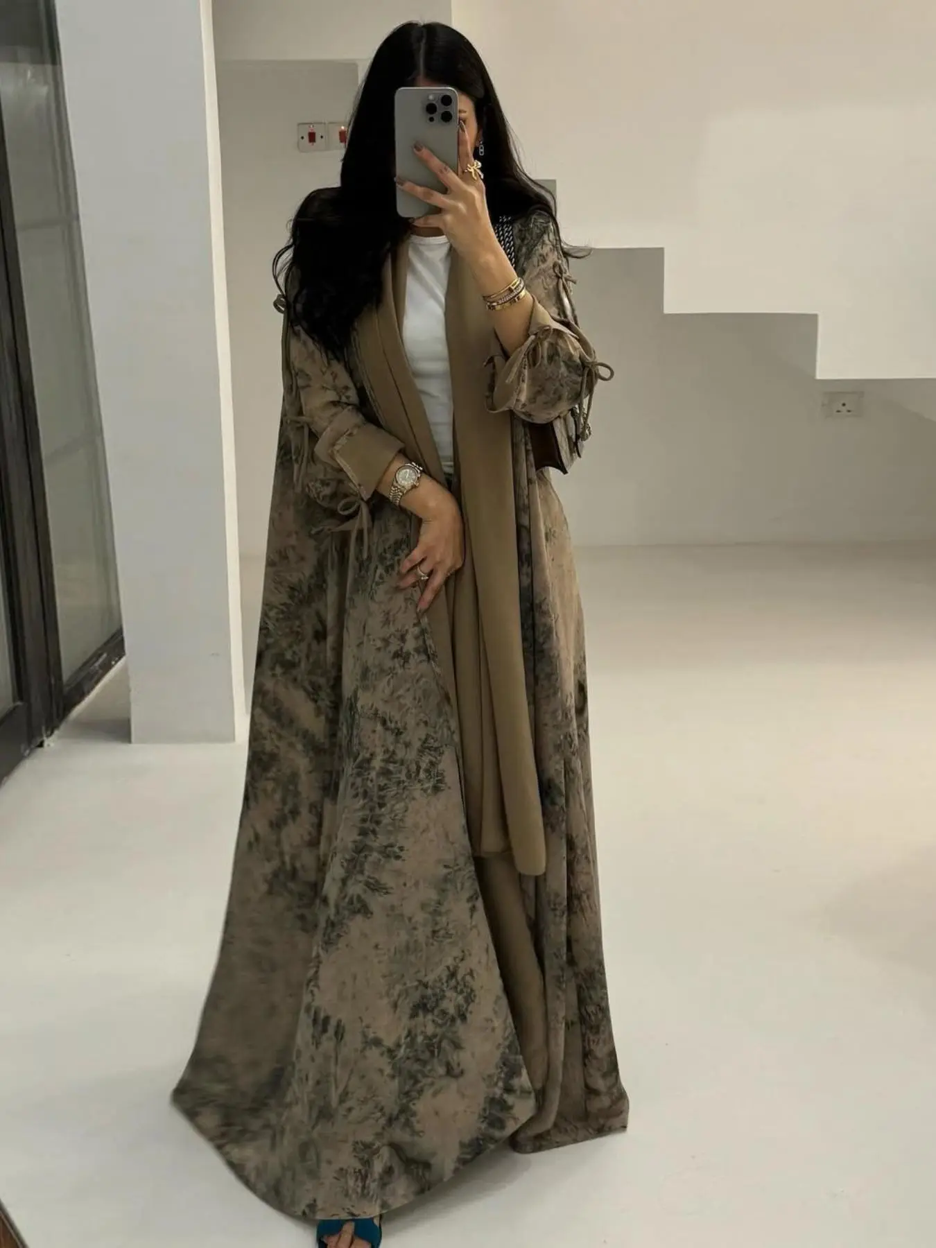 Elegant Double Layer Open Abaya with Headscarf, Abstract Tie Dye Pattern, Long Sleeve for All Seasons, Casual and Stylish Women's Islamic Wear