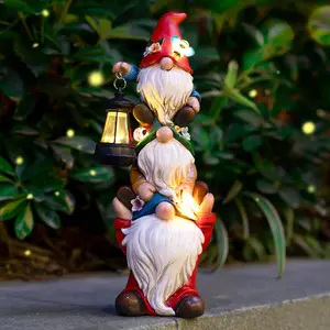 Garden Gnome Statue with Solar Lights Large Garden Sculptures Funny Triple Gnome Outdoor Patio Lawn Yard Balcony Garden Home Decor Gifts for Women Mom 12 in Spring Gnomes Outdoor
