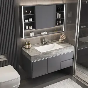 Bathroom Vanity with Sink Smart Foldable Mirror Cabinet Rock Slab Basin
