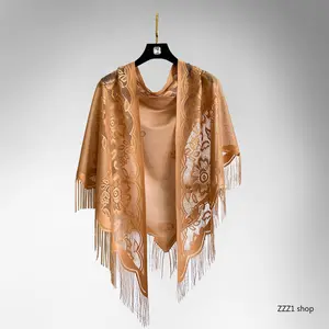 Elegant Champagne Lace Shawl with Long Fringe - Vintage Floral Hollow Out Scarf, Premium Soft Tassel Wrap for Wedding, Evening Party & Gatsby Theme Look, Wedding Shawl