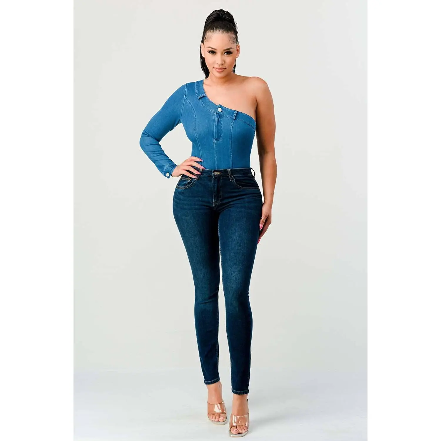 Cotton Fit Bodysuit for Women - One Shoulder Denim Design
