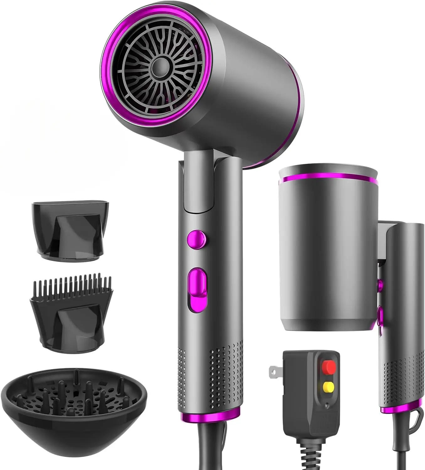 Foldable Portable Ionic Hair Dryer 1600W - Compact Mini Blow Dryer with Diffuser, Concentrator & Comb Nozzle, Intelligent Temperature Control, Low Noise for Home, Salon & Travel (Grey)