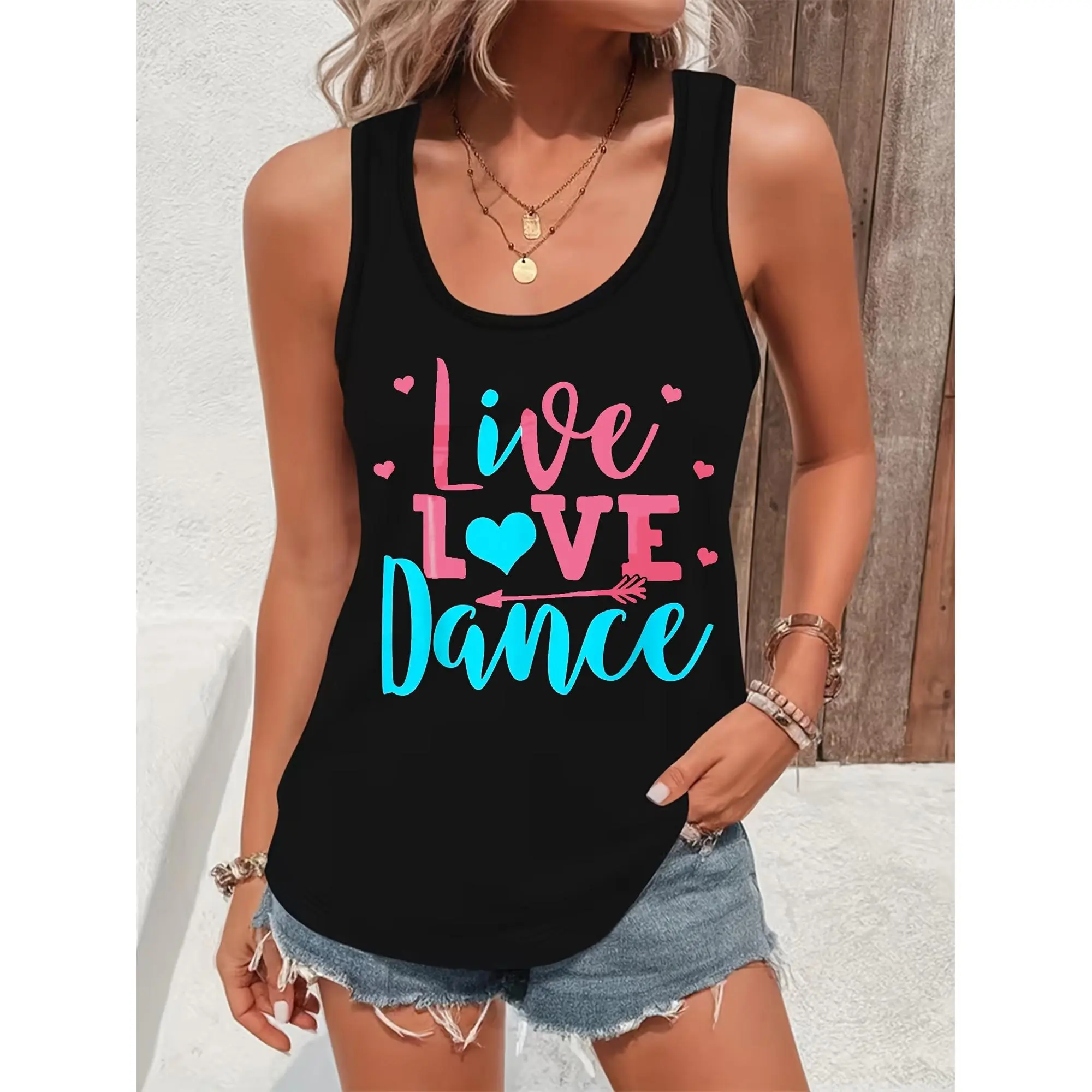 Women's Graphic Print Top, Casual 'Live Love Dance' Sleeveless Scoop Neck Tank, Lightweight Spandex Blend for Dance Lovers