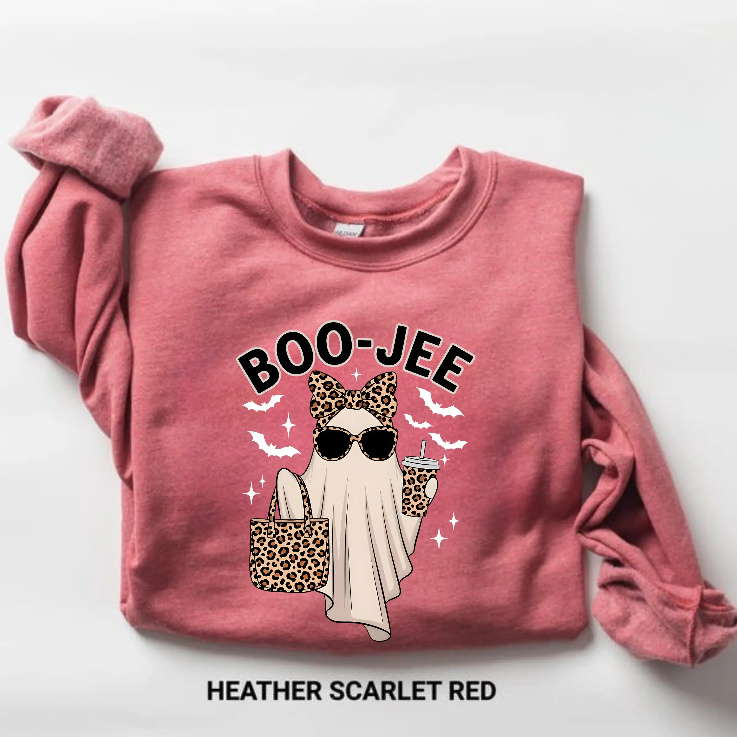 Gildan Boo-Jee Ghost Sweatshirt, Leopard Ghost Graphic Crewneck, Funny Fall Halloween Sweatshirt, Girly Spooky Season Gift