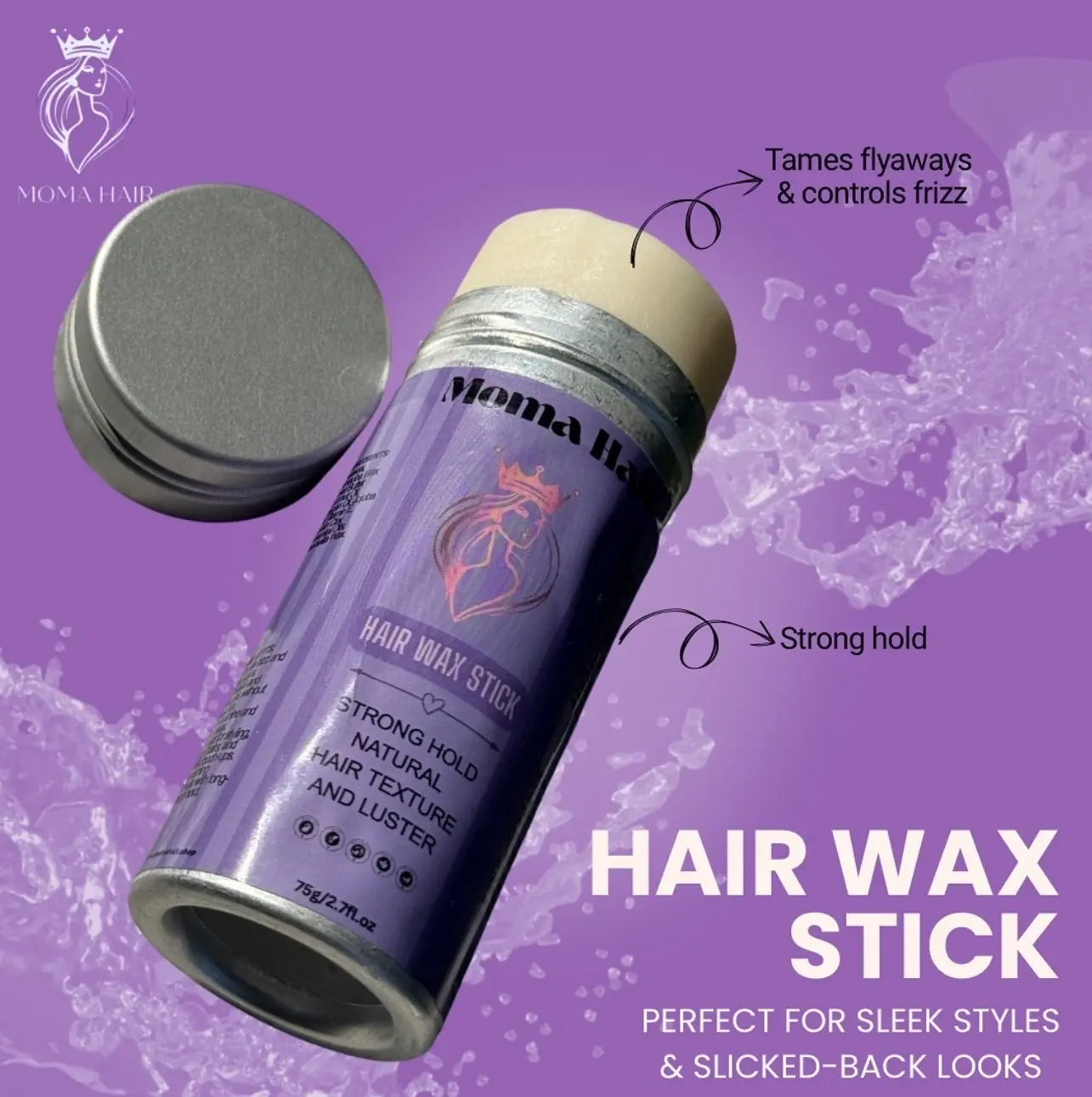Moma Hair Hair Wax Stick - Strong Hold Natural Texture & Luster - Easy-to-Use Wax for Styling - 75g/2.7oz