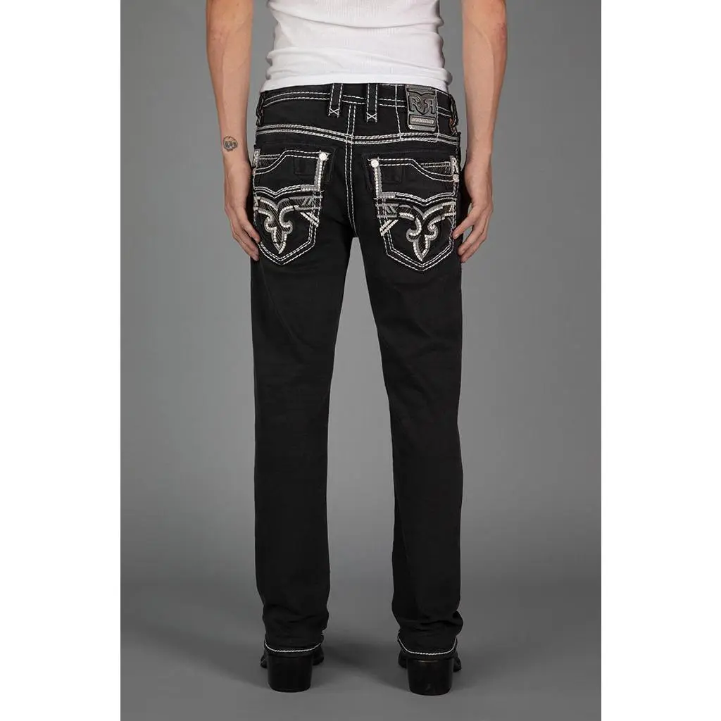 Rock Revival Men's Kylo Embellished Dark Denim Full-Length Straight Casual Jeans - Black, Embroidery Detailing, Leather Accents, Button Closure, Pockets, Multi-Size Menswear Bottoms