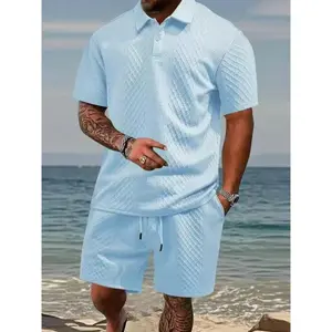 Men's summer casual texture fabric solid color polo shirt T-shirt shorts 2-piece set, loose fit suitable for casual sports, breathable and cool, essential summer outfit, comfortable and versatile  Menswear Plain