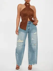 Bexy Destructed Barrel Wide Leg Jeans - Medium Wash