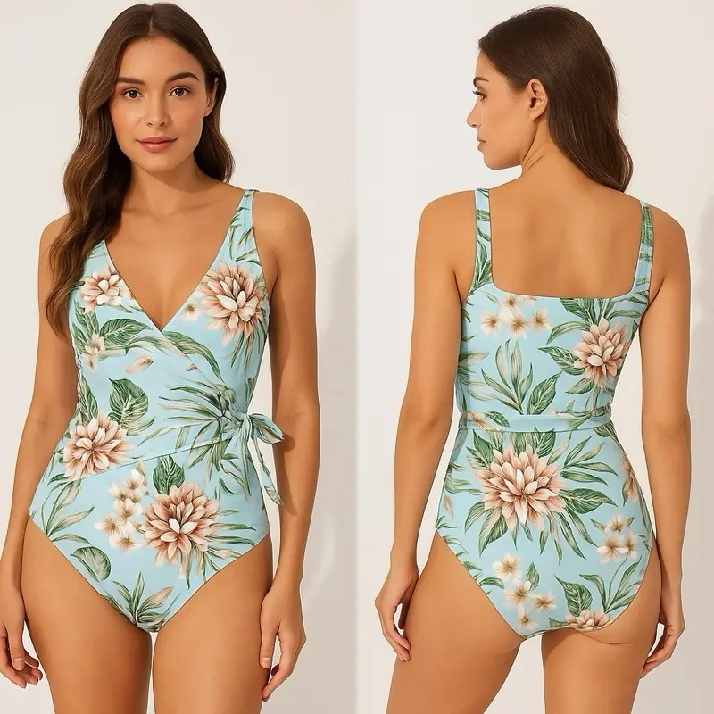 Traje de Baño de Una Pieza para Mujer con Estampado Floral Tropical – Escote en V, Lazo Lateral y Espalda Recta – Elegante y Cómodo para Playa o Piscina