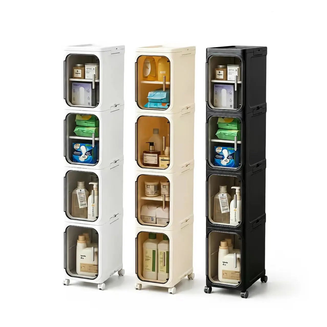 4-Layer Tall Narrow Plastic Cabinet ,Foldable and Movable,Adjustable Shelves, Wheels, Stackable, Foldable, Toilet Storage Cabinet, Organizer for Small Spaces, Bathroom Upgrade, Laundry Hacks, Bath Hacks