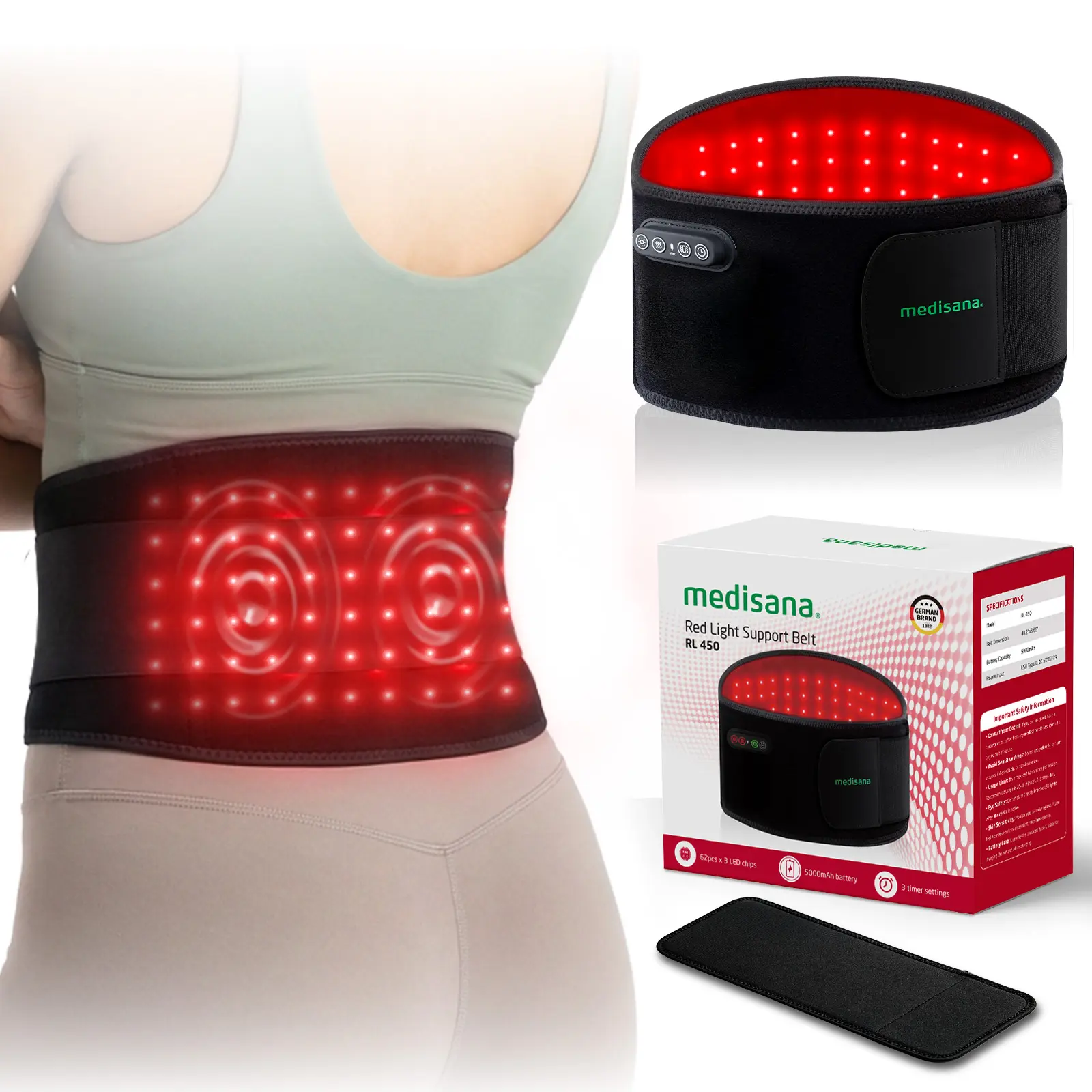 Medisana Red Light Therapy Belt for Body, 3-in-1 LED with 850nm & 660nm, 3 Light Modes, 3 Vibration Levels & Heat, 5000mAh Rechargeable, Adjustable Strap Red Light Therapy Belt for Back Pain